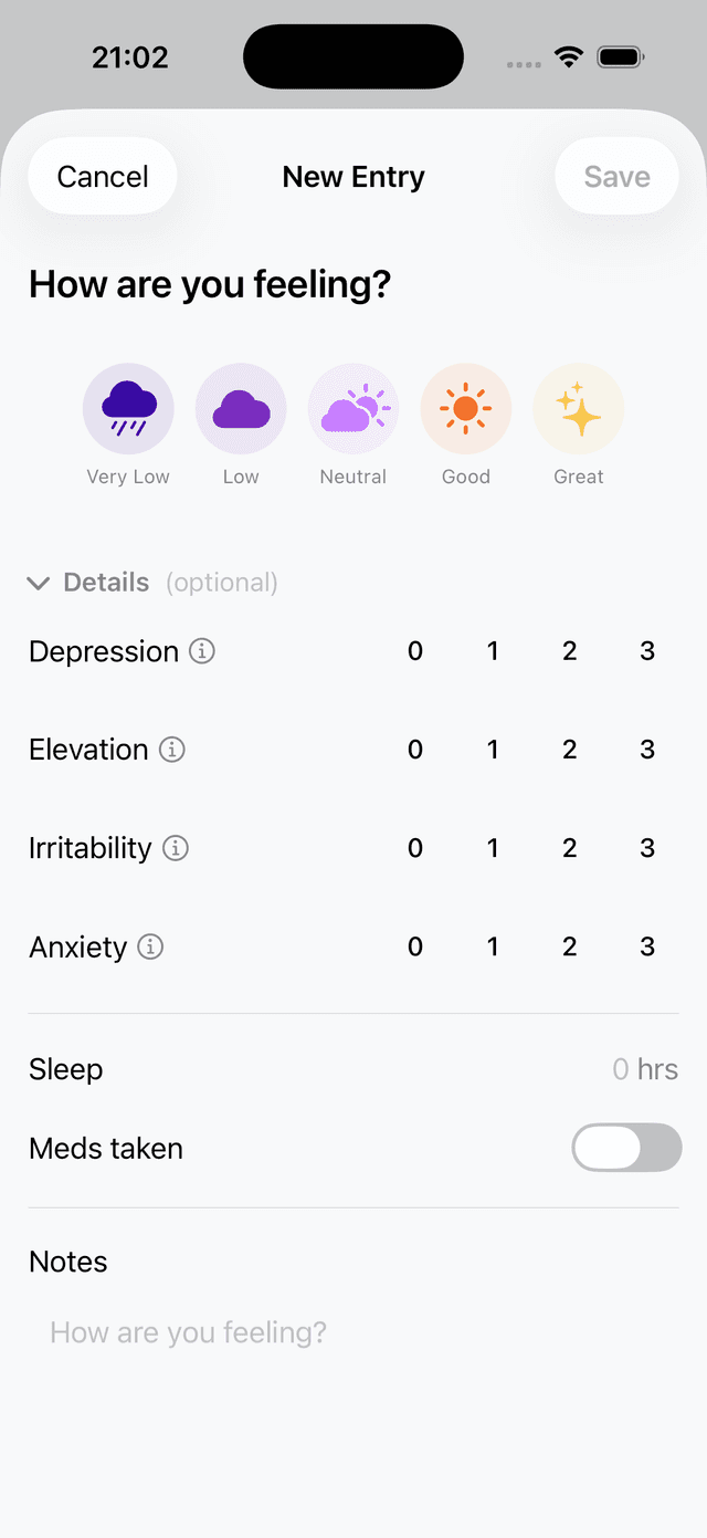 MoodSync log entry screen