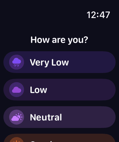 MoodSync screenshot: Mood tracking on Apple Watch