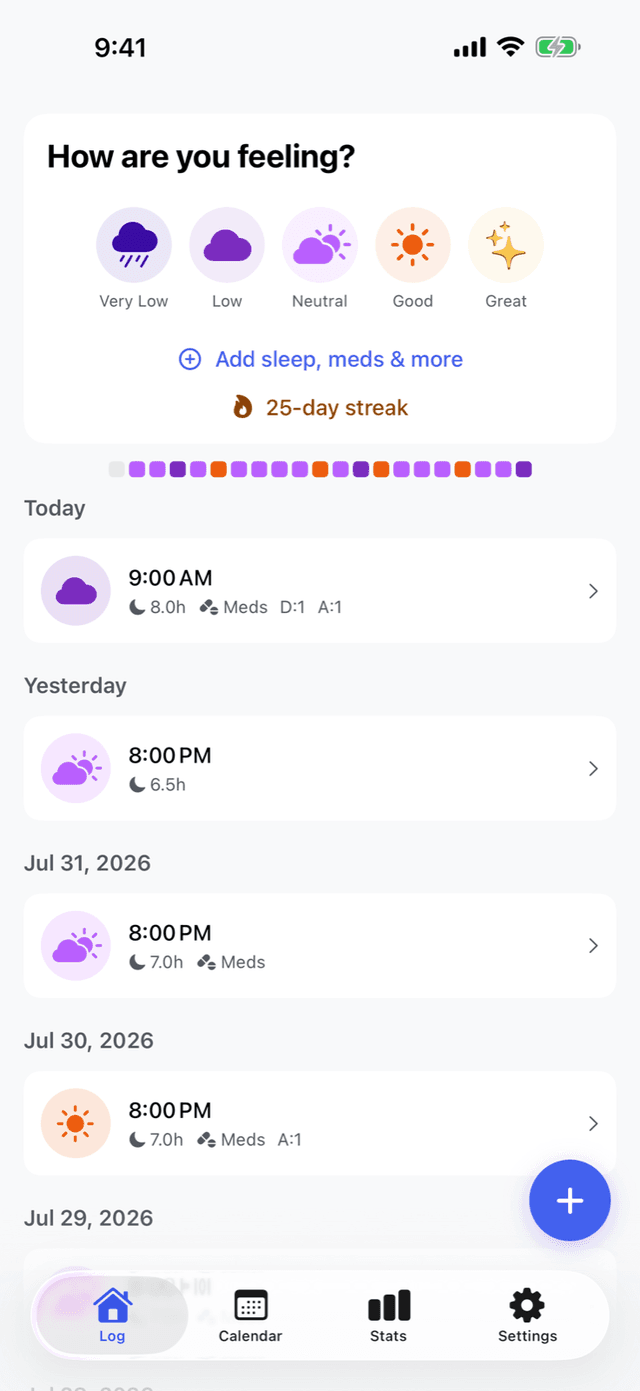 MoodSync home screen with one-tap mood logging and streak